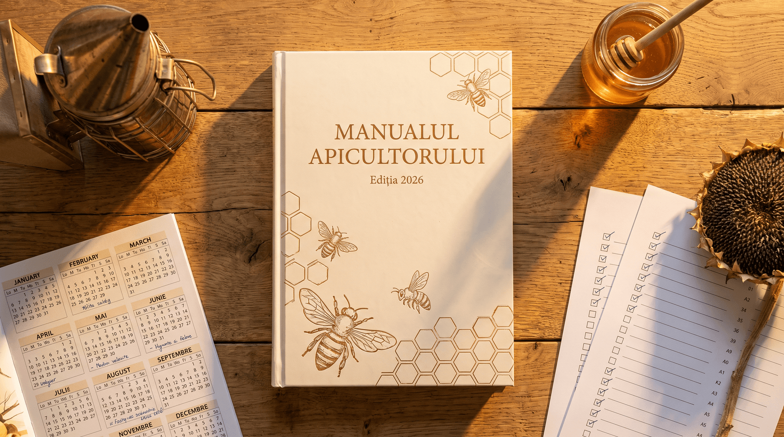 Manualul Apicultorului — Ediția 2026 — copertă, calendar și fișe printabile pe masă de lemn